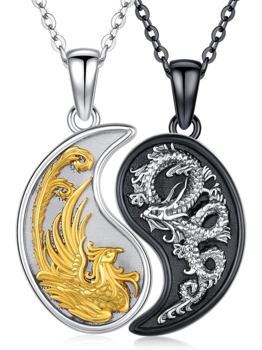 Yin Yang Dragon Phoenix Koi Fish Necklace 925 Sterling Silver Couples Pendant